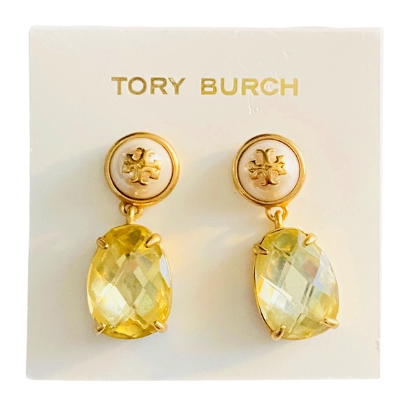NWT Tory Burch Gold Faux Pearl Epoxy Crystal Drop Earrings w/Dust Bag - Picture 1 of 5